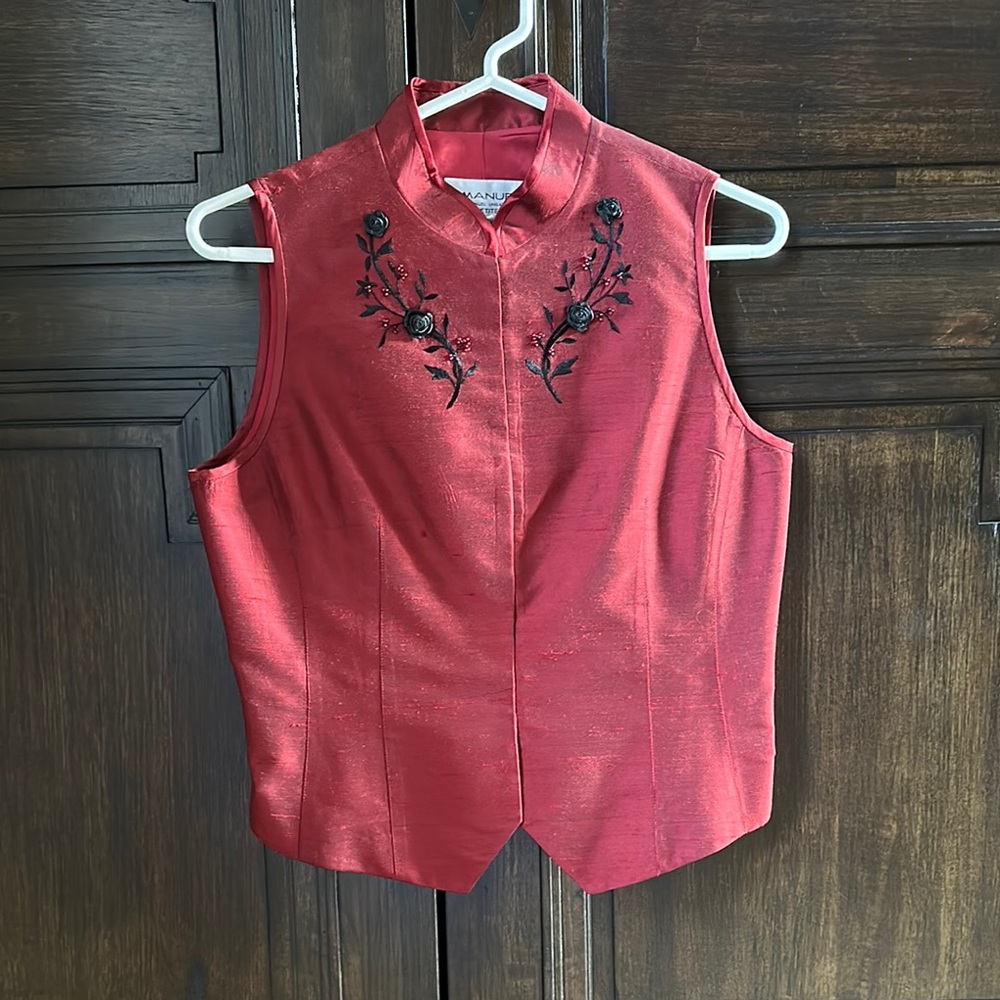 Vintage Emanuel Ungaro Deep Red Shantung Silk Sleeveless Embellished Vest